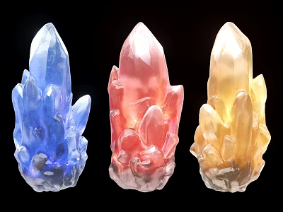 Three Colorful Stone Crystal Clusters Blue Pink Yellow for Home Decorative Use 3d model