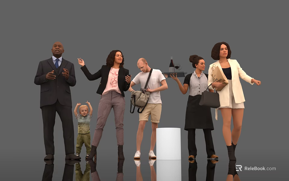 Group of Diverse People Standing Gesturing Holding Items in Studio With Gray Background 3d model 