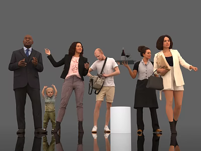 Group of Diverse People Standing Gesturing Holding Items in Studio With Gray Background 3d model