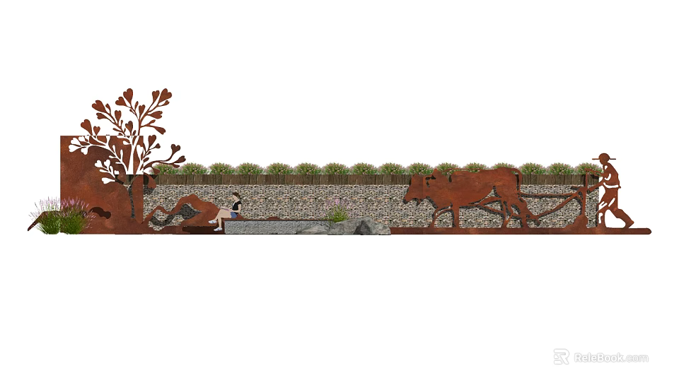 Decorative Landscape Wall Featuring Tree Cow Silhouettes Stone Base And Greenery 3d model
