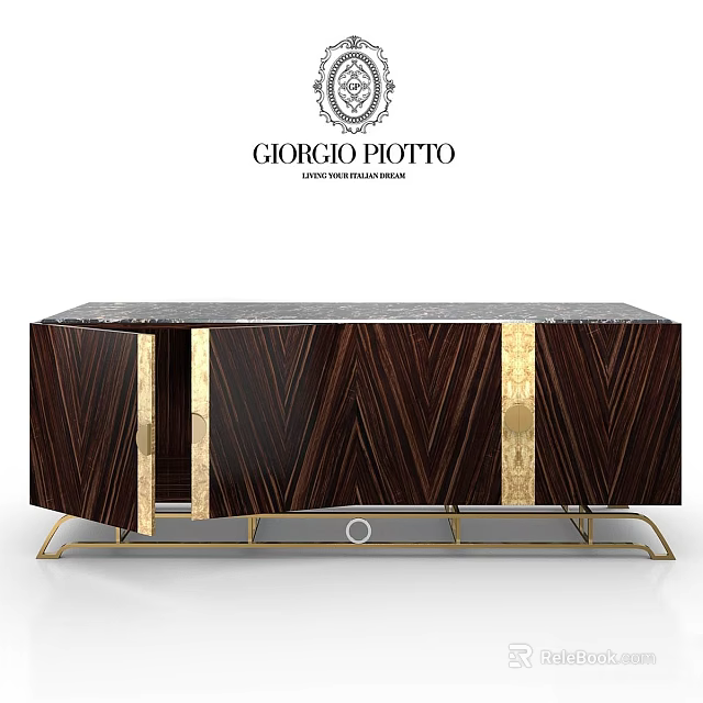 Elegant Modern Dresser with Dark Wood Grain Gold Accents Marble Top and Metal Frame 3d model 