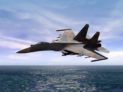 Military Fighter Jet Flying Over the Ocean Under Blue Sky with Clouds 3d model