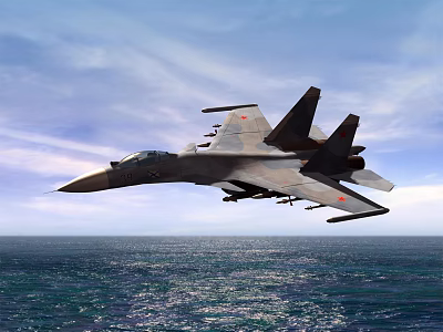 Military Fighter Jet Flying Over the Ocean Under Blue Sky with Clouds 3d model