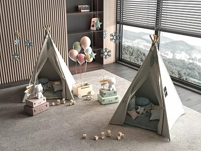 Kids Teepee Tents Indoor Play Space With Colorful Balloons Toys And Snowflake Decorations 3d model