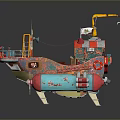 Toy Pirate Ship Model With Red Blue Hull Yellow Crane And Wooden Deck