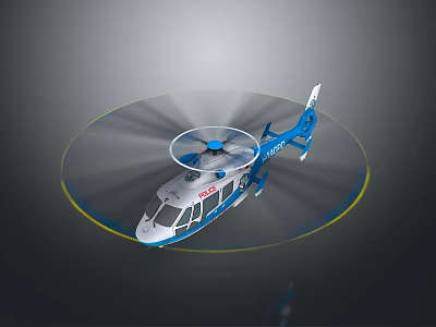 Blue and White Helicopter With Rotating Rotor Creating Yellow Ring Effect Against Dark Background 3d model