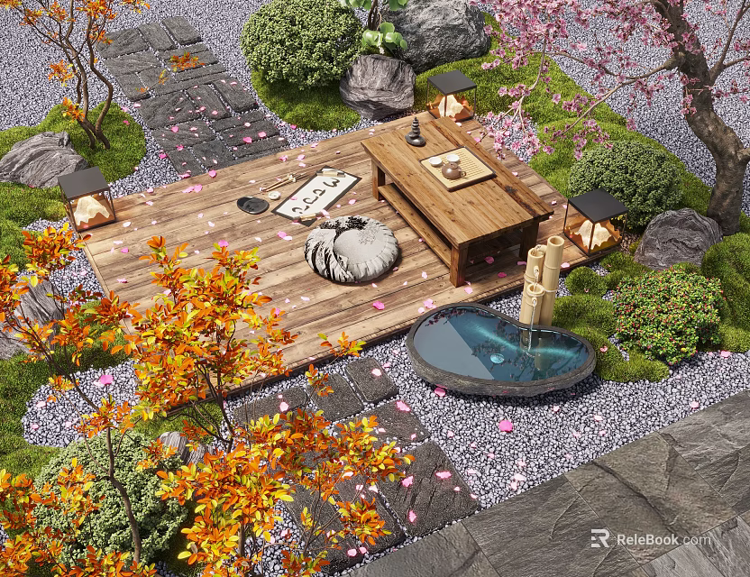 Beautiful Courtyard Garden Design With Wooden Deck Small Table Mat Lanterns And Pond 3d model 