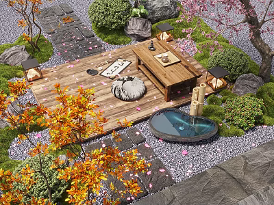 Beautiful Courtyard Garden Design With Wooden Deck Small Table Mat Lanterns And Pond 3d model