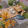 Beautiful Courtyard Garden Design With Wooden Deck Small Table Mat Lanterns And Pond