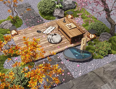 Courtyard landscape sketch landscape sketch anticorrosive wood tea table 3d model