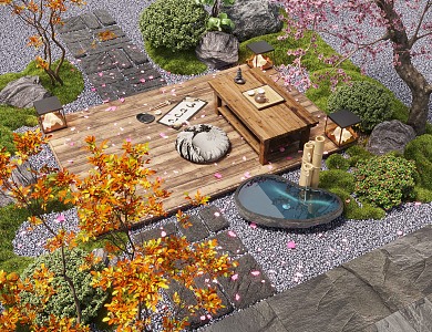 Courtyard landscape sketch landscape sketch anticorrosive wood tea table 3d model