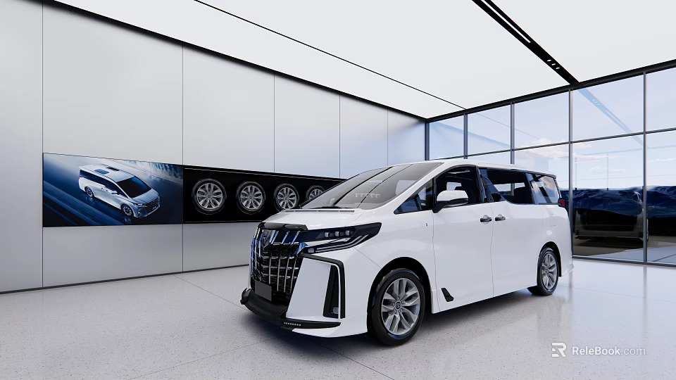 Modern Spacious Car Showroom Featuring White MPV Bright Lighting And Wall Displays 3d model 