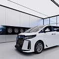 Modern Spacious Car Showroom Featuring White MPV Bright Lighting And Wall Displays