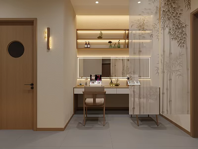 Beauty Hair Salon Interior With Vanity Table Mirror Bamboo Decor And Lighting 3d model