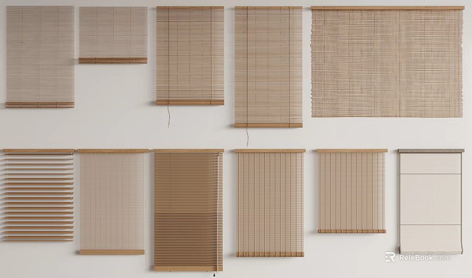 Various Window Blinds Styles With Natural Materials And Different Designs 3d model 