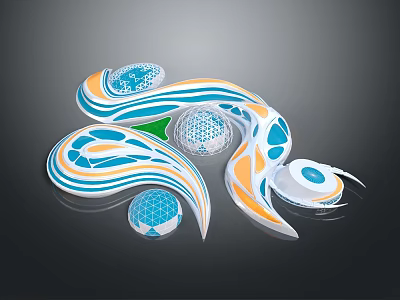 Colorful Abstract Cartoon Scene With Blue Orange White Green Flowing Wavy Lines Spheres Shell Shapes 3d model