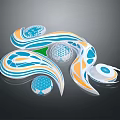 Colorful Abstract Cartoon Scene With Blue Orange White Green Flowing Wavy Lines Spheres Shell Shapes