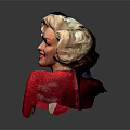 Blonde Woman In Red Sparkly Outfit With Cute Puppy Sitting On Shiny Black Surface