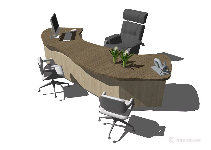 Curved Wooden Office Desk With Computer Monitor Laptop Green Plants And Black Office Chair 3d model 
