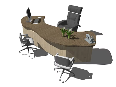 Curved Wooden Office Desk With Computer Monitor Laptop Green Plants And Black Office Chair 3d model