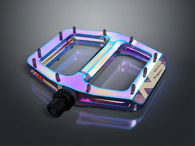 Shiny Iridescent Bicycle Pedal With Metallic Open Frame And Multiple Secure Pins 3d model