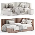 Kids Bed Featuring White and Pink Ribbed Headboard Soft Pillows and Cozy Blankets
