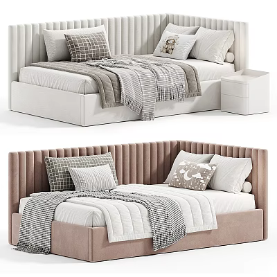 Kids Bed Featuring White and Pink Ribbed Headboard Soft Pillows and Cozy Blankets 3d model