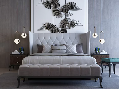 Modern Elegant Double Bed With Upholstered Headboard Nightstands Hanging Lights And Wall Art 3d model