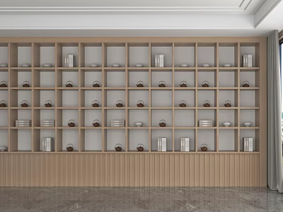 Modern Wooden Storage Shelving Unit with Multiple Compartments Displaying Dishes and Decor 3d model