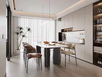 Modern Restaurant Dining Table and Chair Combination Sideboard Wine Cabinet Green Plant Chandelier Curtain Fruit 3d model
