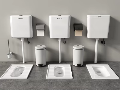 Contemporary Squat Toilet Setup With Water Tanks Trash Bins And Toilet Paper Holders 3d model