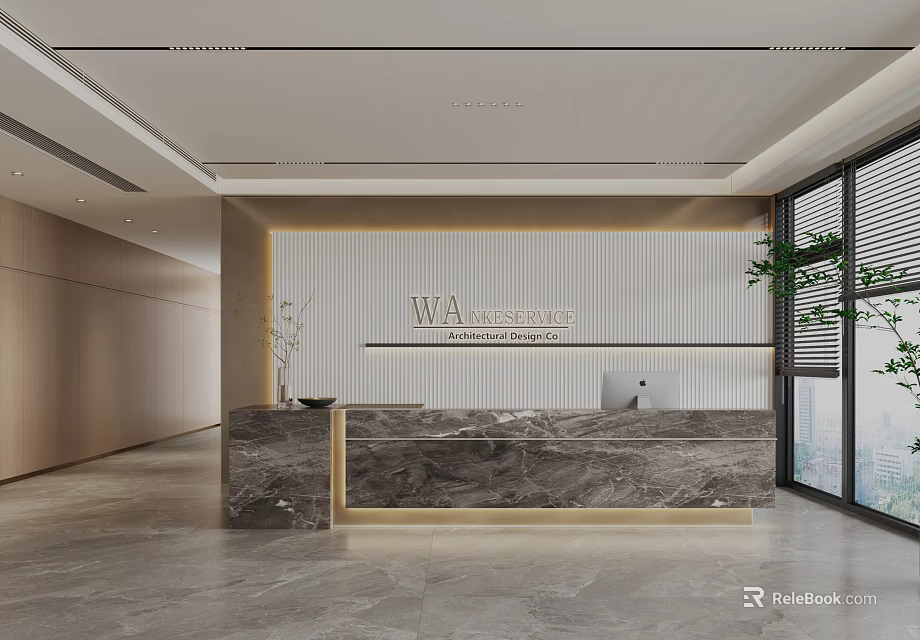 Modern reception desk interior with marble countertop company logo wooden walls and green plant 3d model 