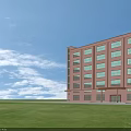 Pink Multi Storey Industrial Factory Building With Many Windows Green Grassland Blue Sky White Clouds