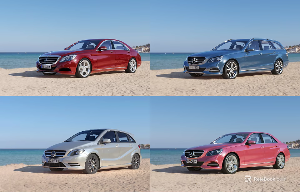 Various Cars Parked On Sandy Beach With Ocean And Blue Sky View 3d model 