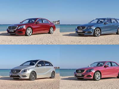 Various Cars Parked On Sandy Beach With Ocean And Blue Sky View 3d model