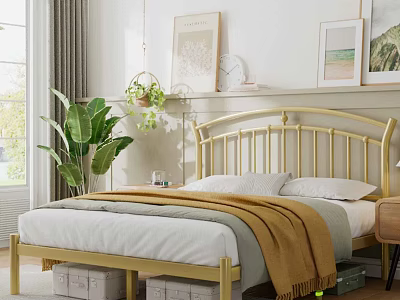 Modern Bedroom Interior with Golden Headboard White Sheets Yellow Blanket Green Plant and Decorative Paintings 3d model