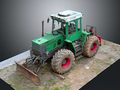 Green Vintage Tractor With Large Tires Red Rims And Front Loader 3d model