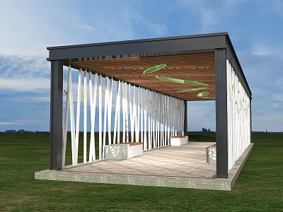 Modern Pergola Design With Wooden Roof White Columns And Green Leaf Decorations In Grass Field 3d model