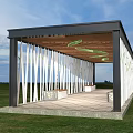 Modern Pergola Design With Wooden Roof White Columns And Green Leaf Decorations In Grass Field