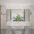 Public Restroom Design with Marble Walls Wooden Doors Mirror Washbasin and Green Plants