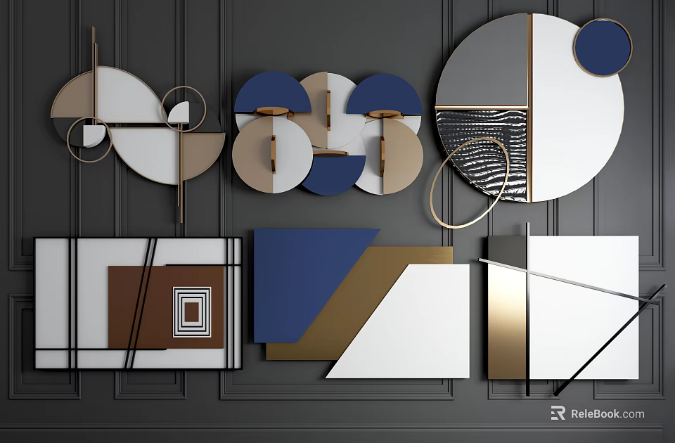Modern Geometric Wall Decor with Blue Gold Brown White Shapes on Dark Background 3d model
