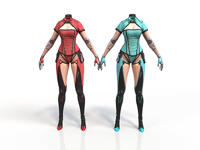 Two Characters In Different Colored Fitted Outfits With Arm And Leg Patterns 3d model