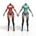 Two Characters In Different Colored Fitted Outfits With Arm And Leg Patterns