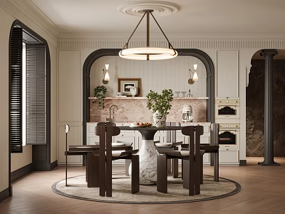 Middle Ancient Dining Room Round Dining Table Chandelier Single Chair Landscape Cabinet Carpet 3d model
