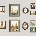 Wall Decor with Framed Architectural Paintings and Decorative Clocks 3d model