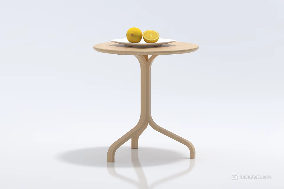 Round Wooden Coffee Table in Simple Modern Design With Plate Holding Fresh Lemons 3d model 