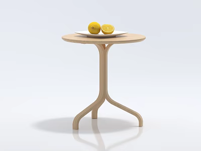 Round Wooden Coffee Table in Simple Modern Design With Plate Holding Fresh Lemons 3d model