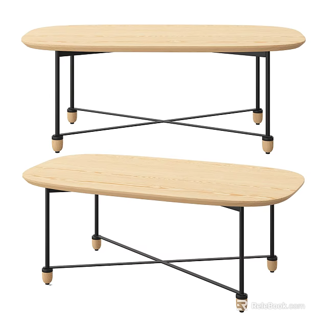 Modern Oval Wooden Coffee Table With Black Metal Cross Legs And Wooden Casters 3d model 