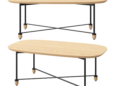 Modern Oval Wooden Coffee Table With Black Metal Cross Legs And Wooden Casters 3d model