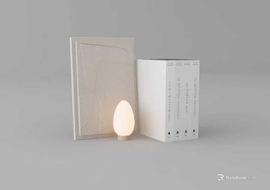 Minimalist Decorative Ornament Set With White Frame Stacked Books And Egg Shaped Lamp 3d model 